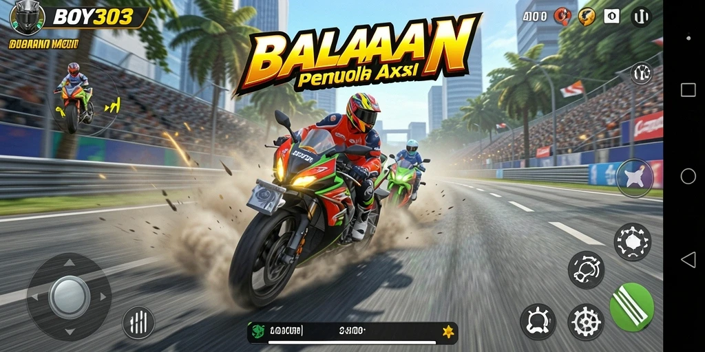 Tampilan gameplay seru dari BOY303 yang menampilkan aksi balapan motor.