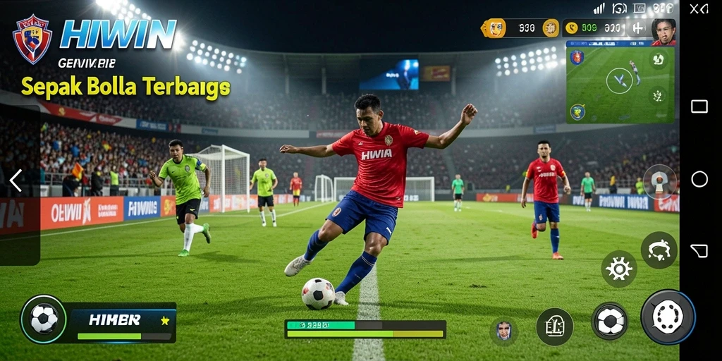 Screenshot gameplay HIWIN menampilkan aksi seru di lapangan sepak bola.