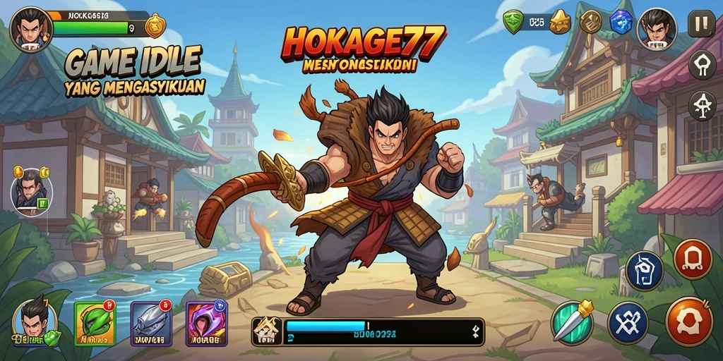 Gameplay HOKAGE77 menampilkan karakter ninja yang beraksi dalam pertempuran Idle.