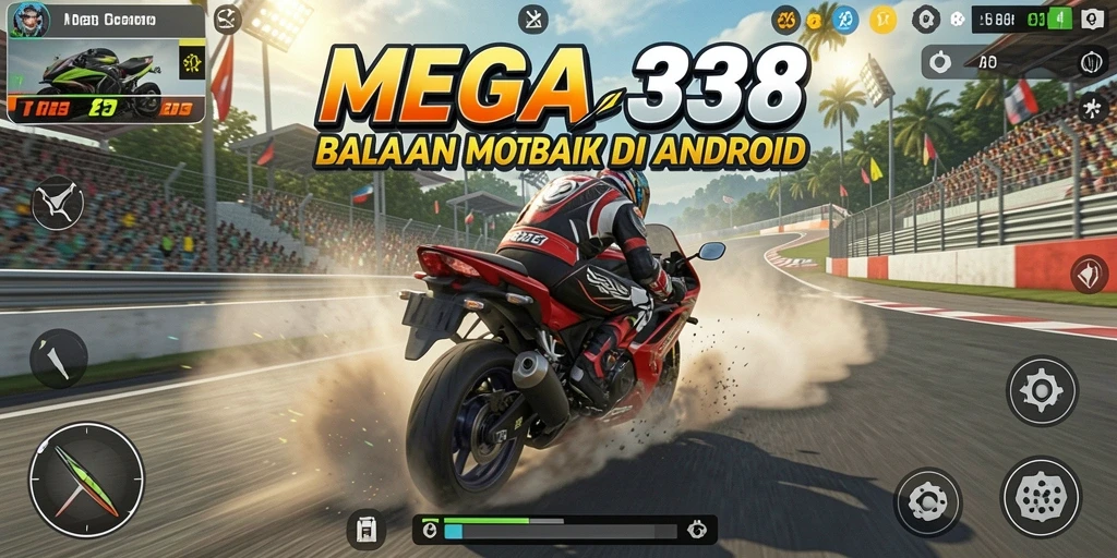 Tangkapan layar MEGA338 menampilkan aksi balapan motor yang mendebarkan.
