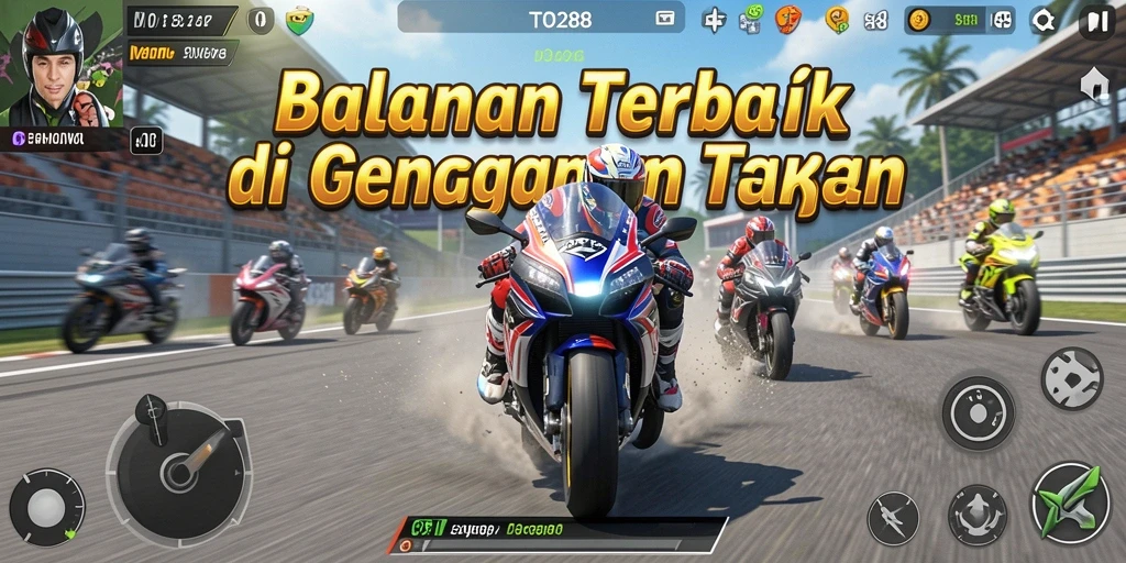 Screenshot gameplay TO288 menampilkan balapan motor yang mendebarkan.